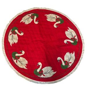 VTG 80's Handmade Red Christmas Tree Skirt Swans Wreath Eyelet Trim cottagecore
